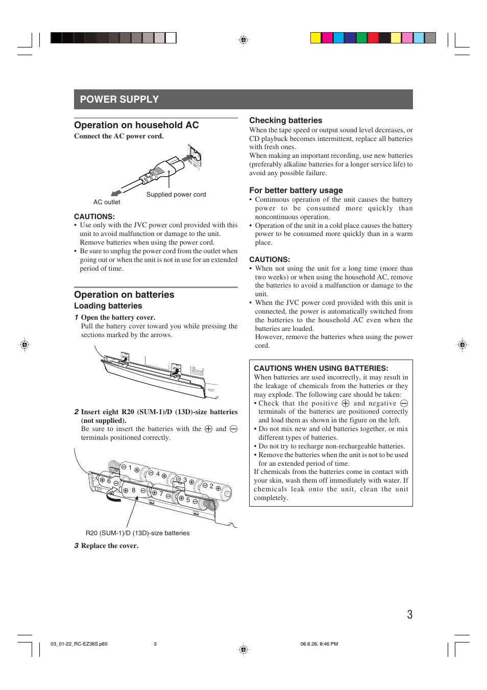 Power supply, Operation on household ac, Operation on batteries | JVC RC-EZ38SJ User Manual | Page 7 / 29