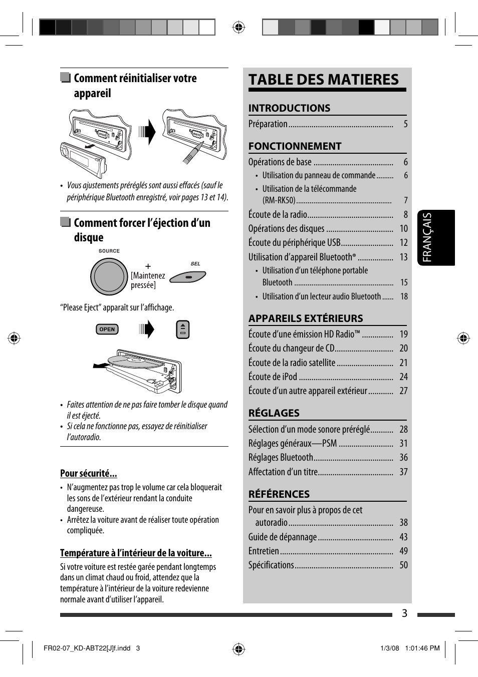 Table des matieres, Comment réinitialiser votre appareil, Comment forcer l’éjection d’un disque | JVC KD-ABT22 User Manual | Page 103 / 153