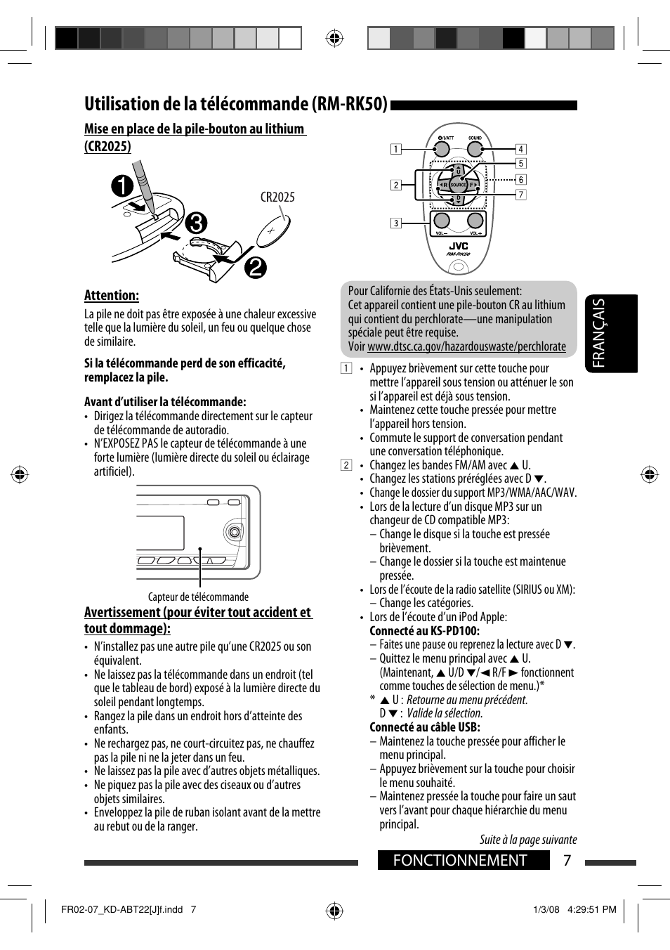 Utilisation de la télécommande (rm-rk50), 7fonctionnement français | JVC KD-ABT22 User Manual | Page 107 / 153