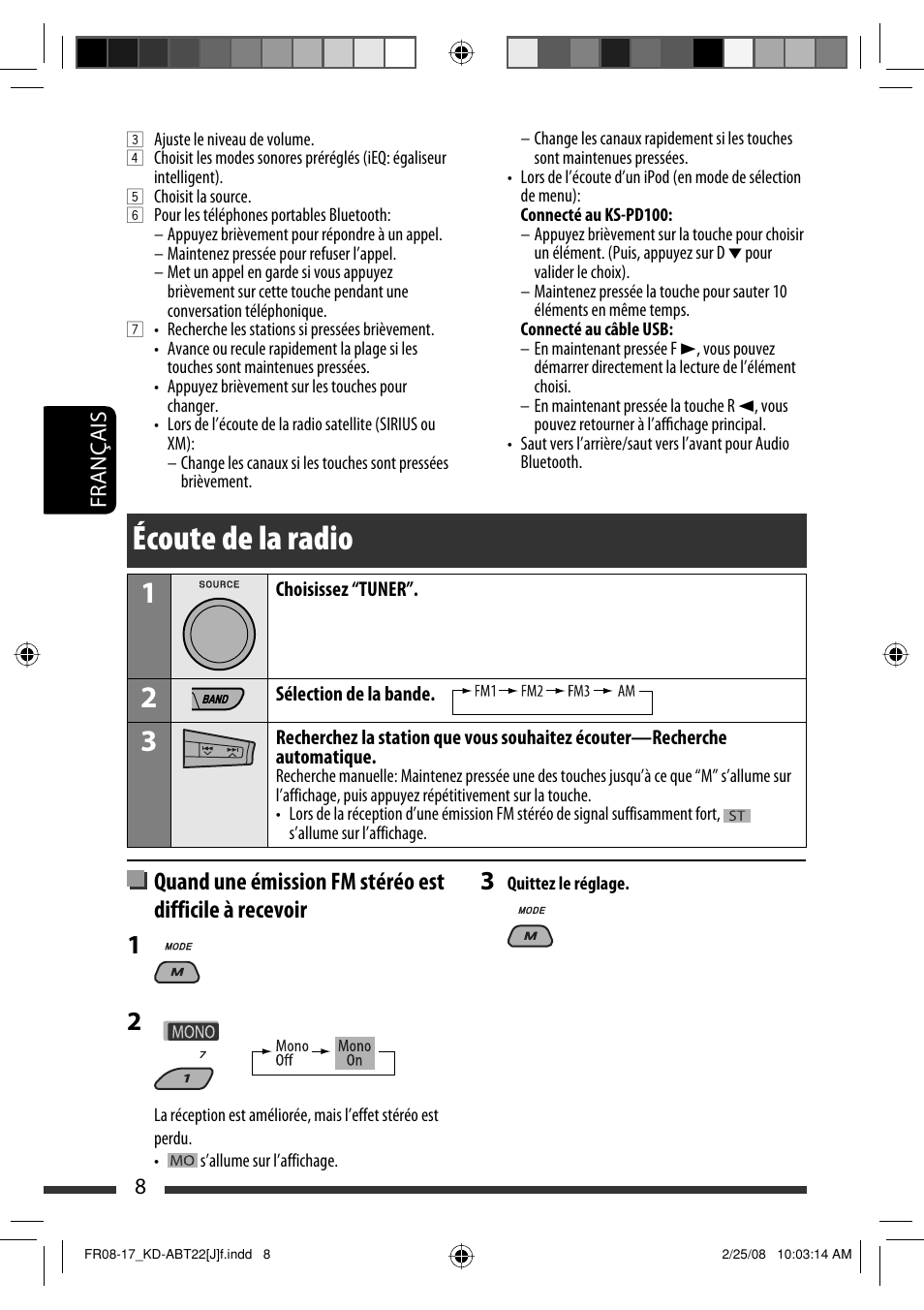 Écoute de la radio | JVC KD-ABT22 User Manual | Page 108 / 153