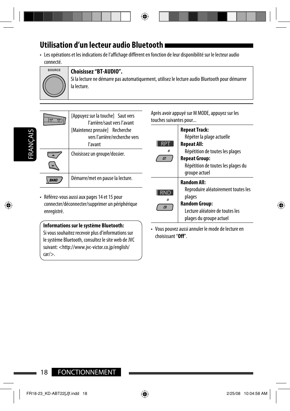Utilisation d’un lecteur audio bluetooth, 18 fonctionnement français | JVC KD-ABT22 User Manual | Page 118 / 153