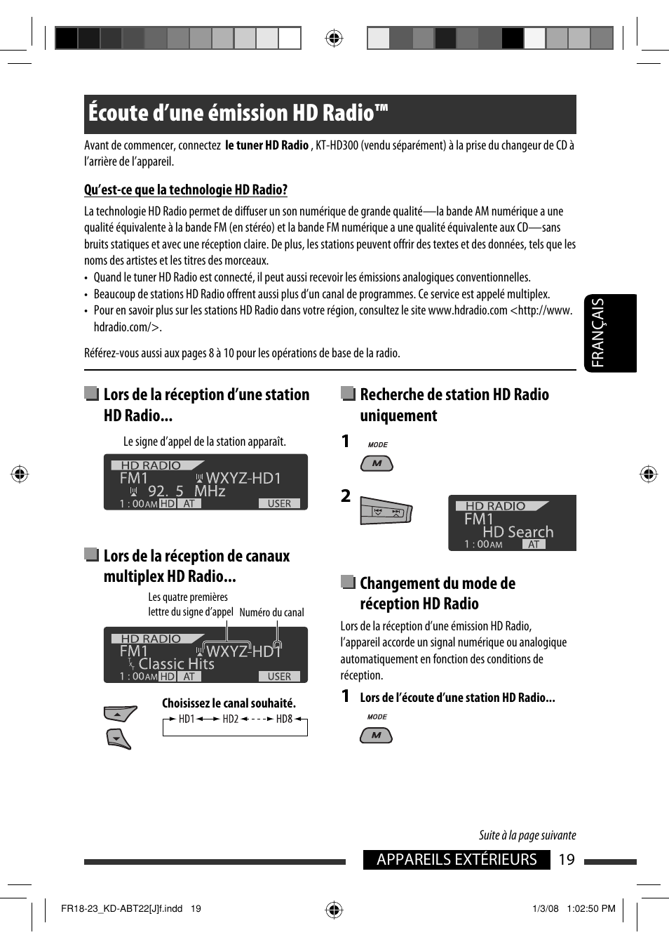 Écoute d’une émission hd radio, Recherche de station hd radio uniquement, Changement du mode de réception hd radio | JVC KD-ABT22 User Manual | Page 119 / 153