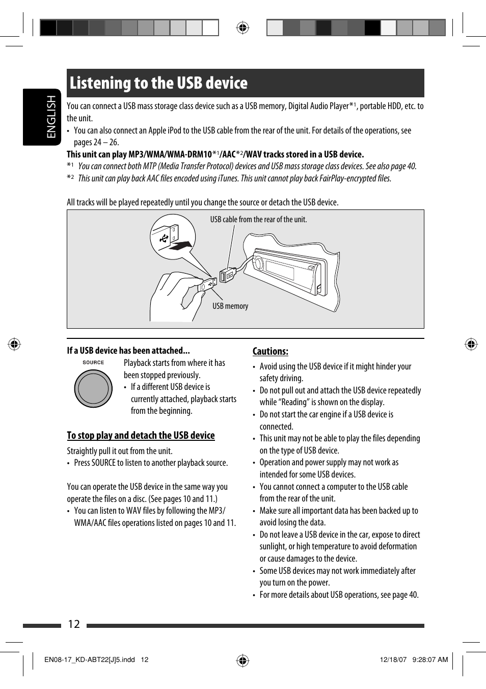 Listening to the usb device, English 12 | JVC KD-ABT22 User Manual | Page 12 / 153