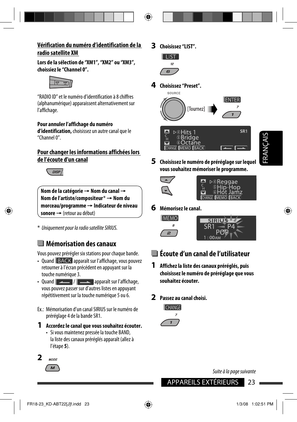 Mémorisation des canaux, Écoute d’un canal de l’utilisateur | JVC KD-ABT22 User Manual | Page 123 / 153