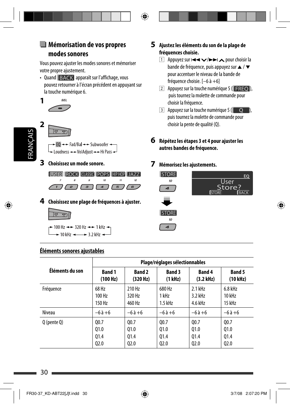 Mémorisation de vos propres modes sonores, Français 30 | JVC KD-ABT22 User Manual | Page 130 / 153