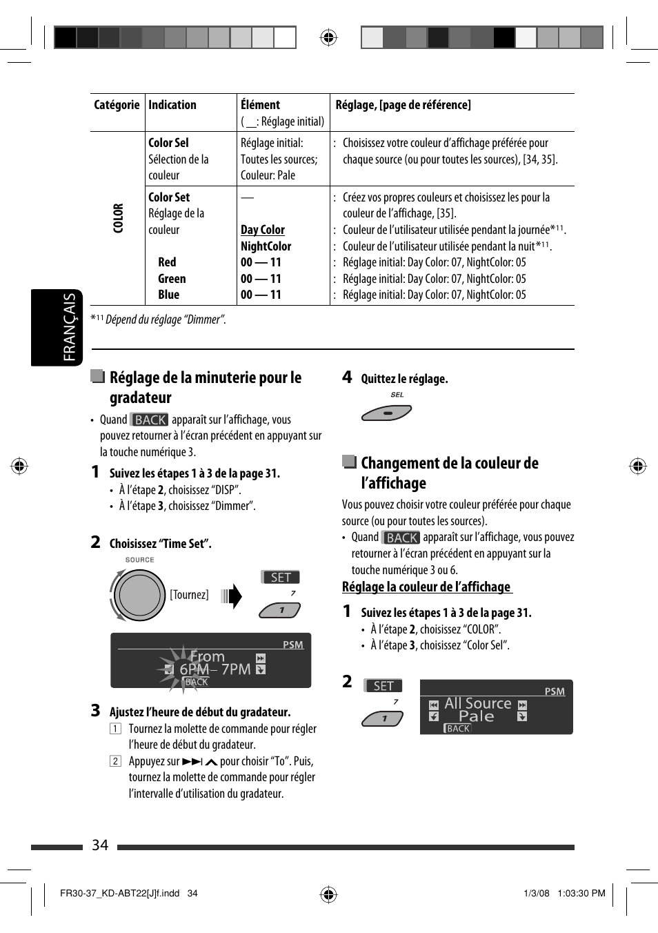 Changement de la couleur de l’affichage, Réglage de la minuterie pour le gradateur, Français 34 | JVC KD-ABT22 User Manual | Page 134 / 153