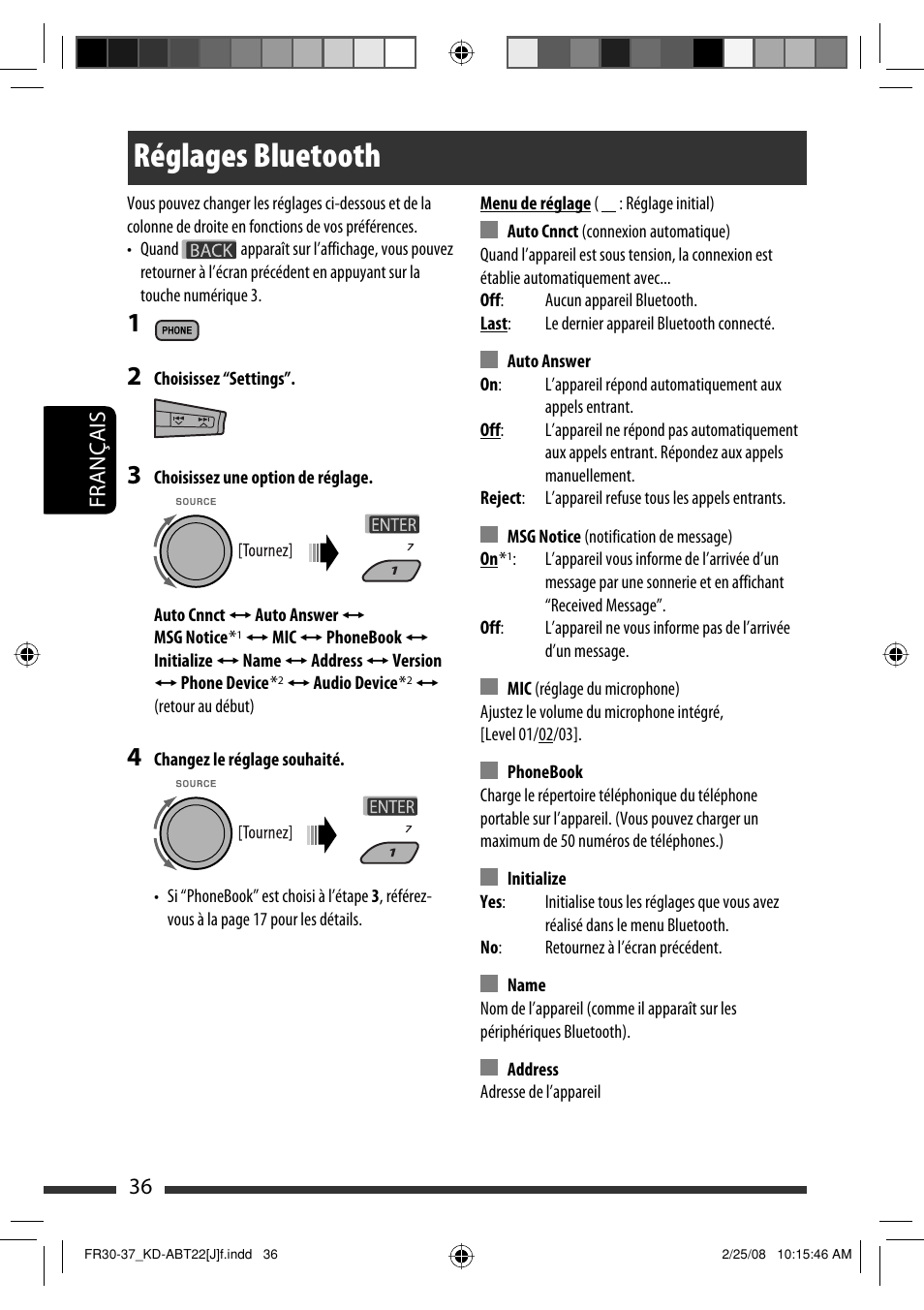 Réglages bluetooth, Français 36 | JVC KD-ABT22 User Manual | Page 136 / 153