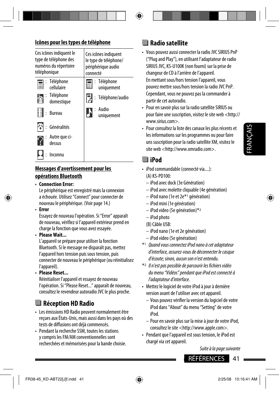 Réception hd radio, Radio satellite, Ipod | Français 41 références | JVC KD-ABT22 User Manual | Page 141 / 153