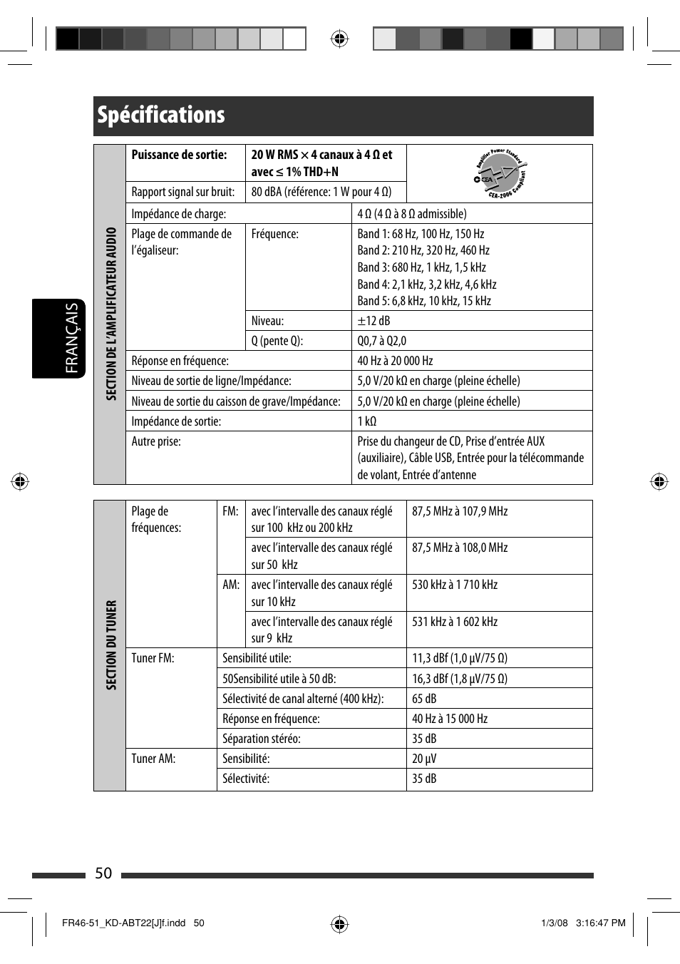 Spécifications, Français 50 | JVC KD-ABT22 User Manual | Page 150 / 153
