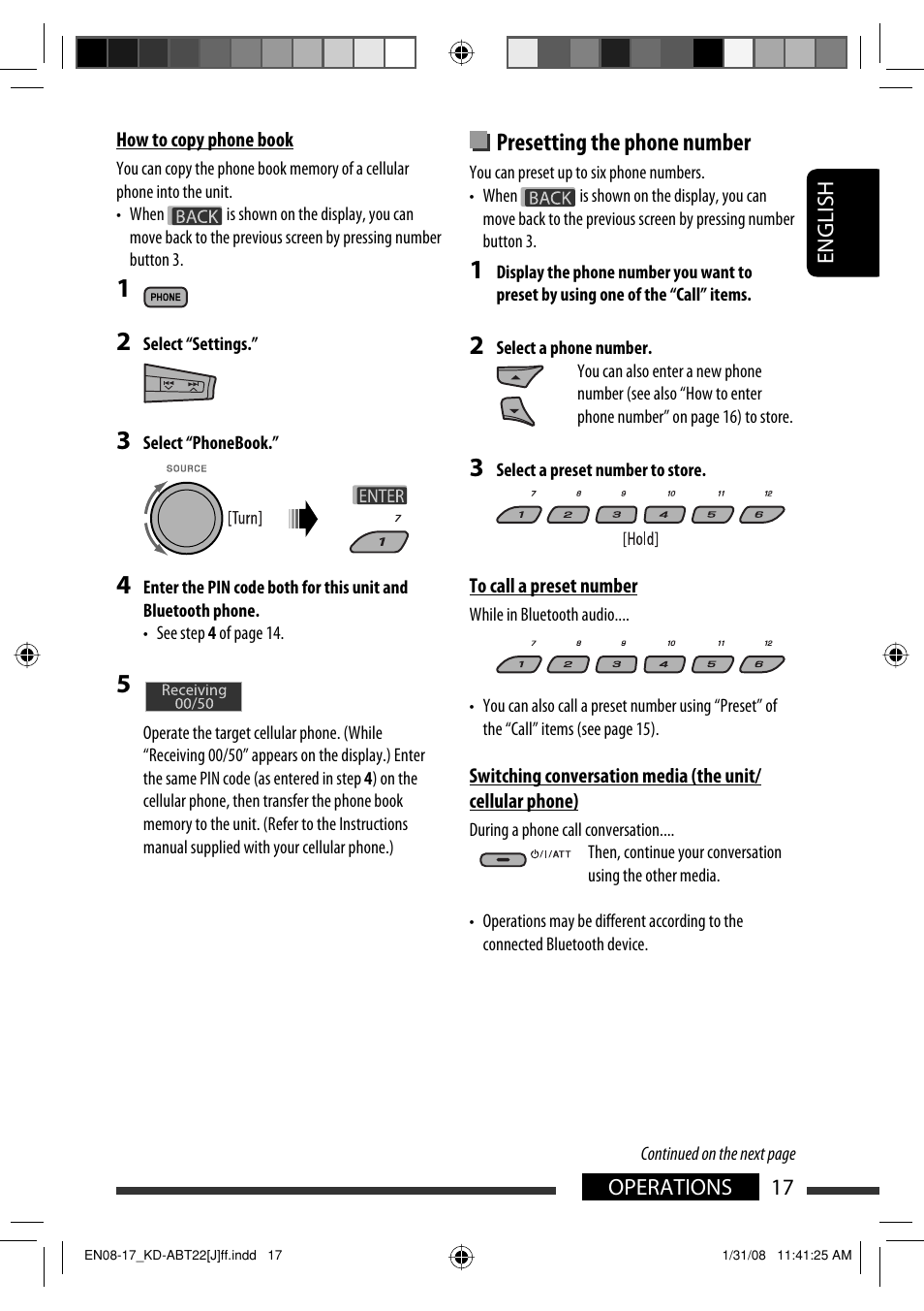 Presetting the phone number | JVC KD-ABT22 User Manual | Page 17 / 153