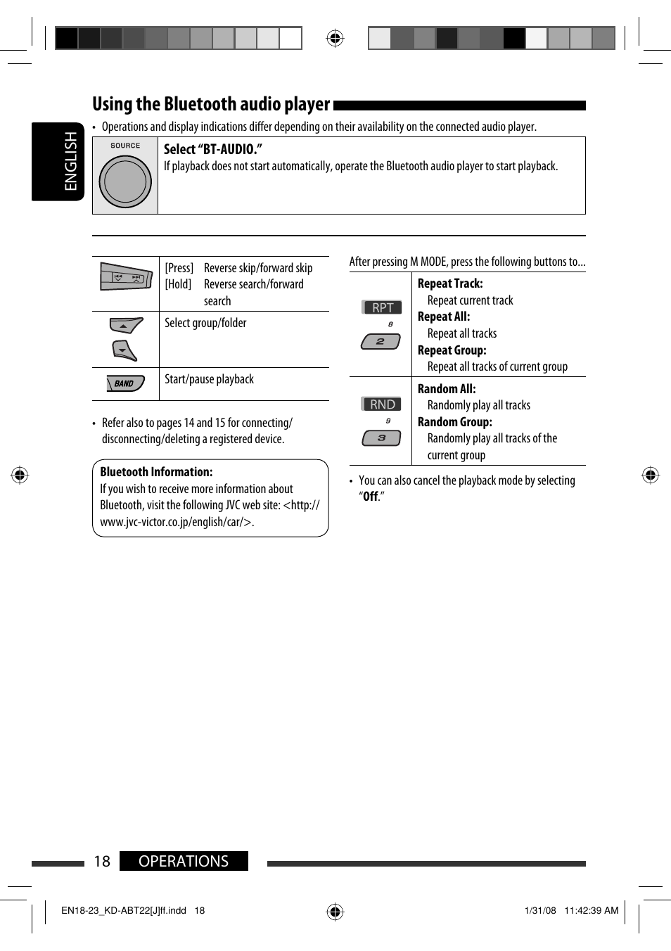 Using the bluetooth audio player, English 18 operations | JVC KD-ABT22 User Manual | Page 18 / 153
