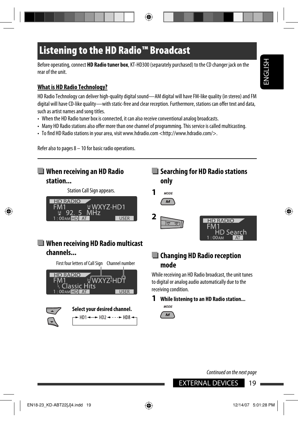 Listening to the hd radio ™ broadcast, Searching for hd radio stations only, Changing hd radio reception mode | JVC KD-ABT22 User Manual | Page 19 / 153