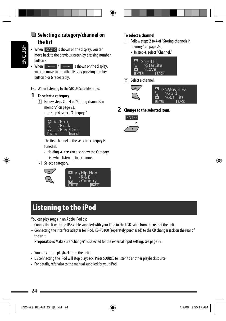 Listening to the ipod, Selecting a category/channel on the list, English 24 | JVC KD-ABT22 User Manual | Page 24 / 153