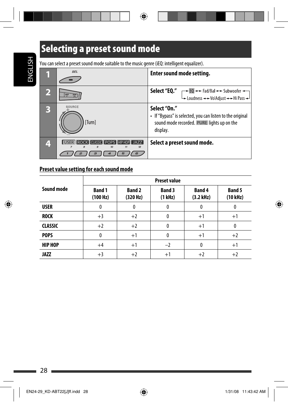 Selecting a preset sound mode | JVC KD-ABT22 User Manual | Page 28 / 153
