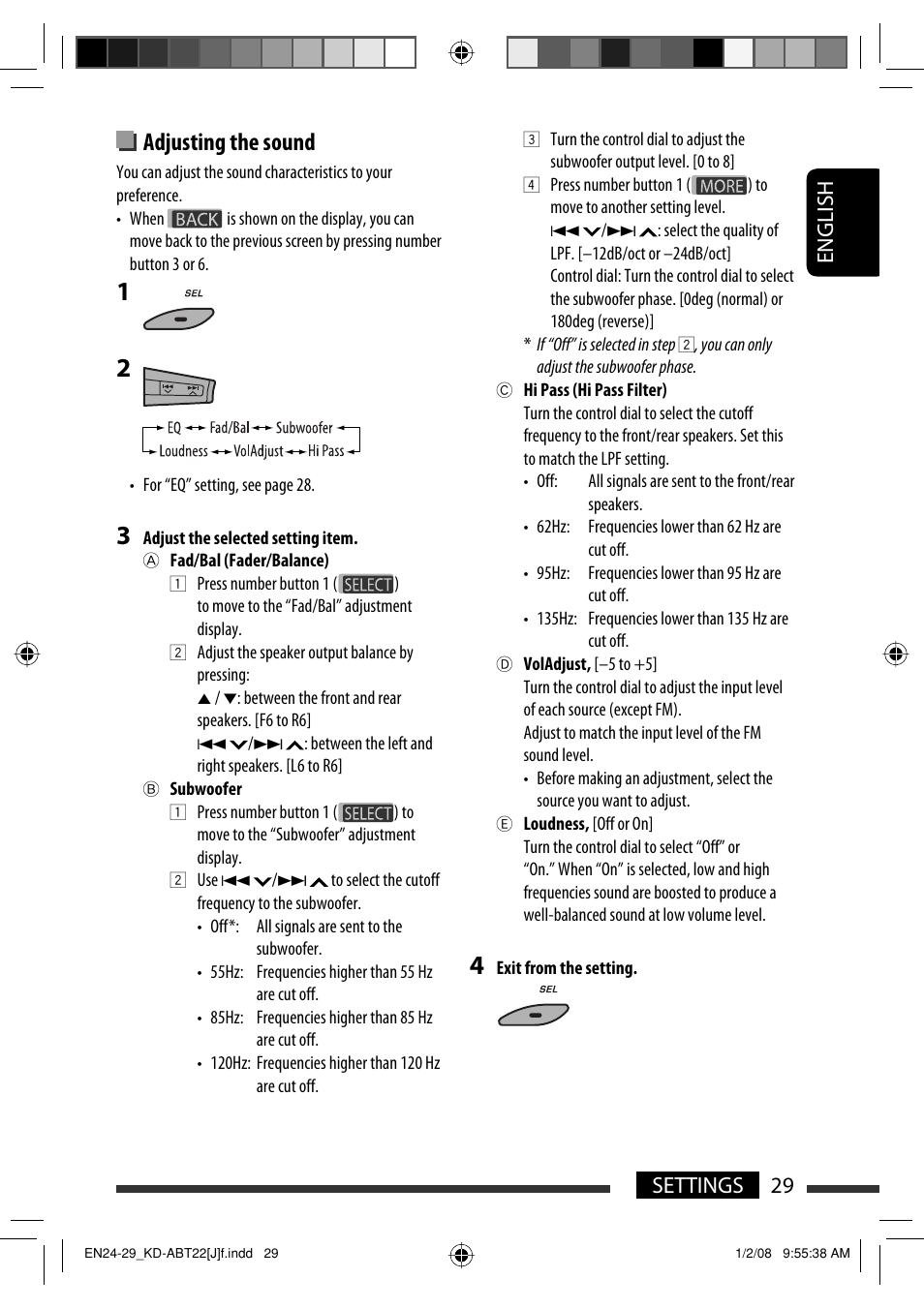 Adjusting the sound, English 29 settings | JVC KD-ABT22 User Manual | Page 29 / 153