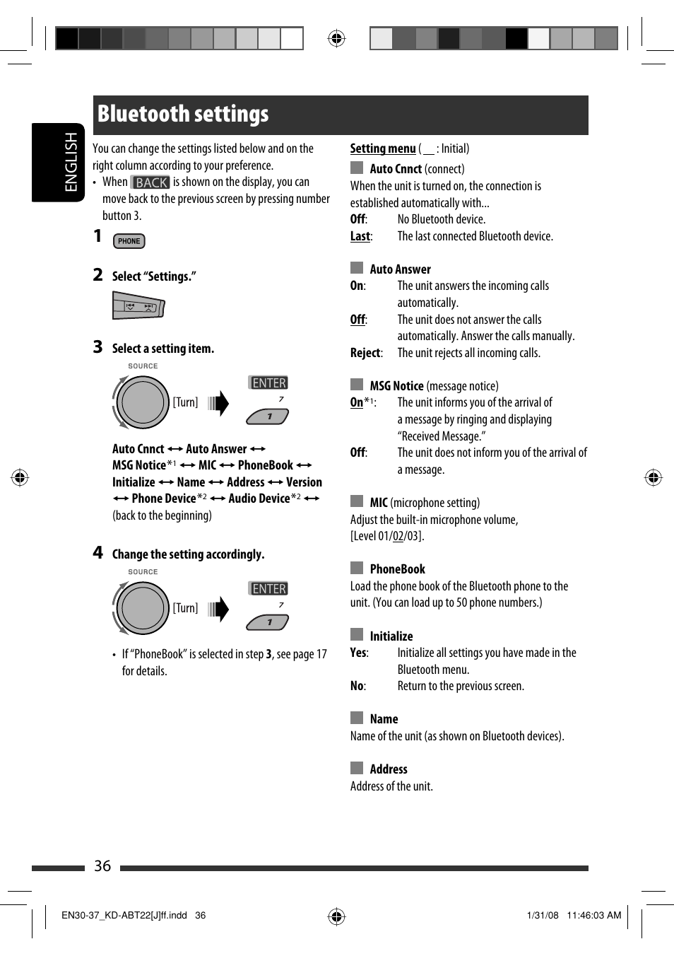 Bluetooth settings, English 36 | JVC KD-ABT22 User Manual | Page 36 / 153