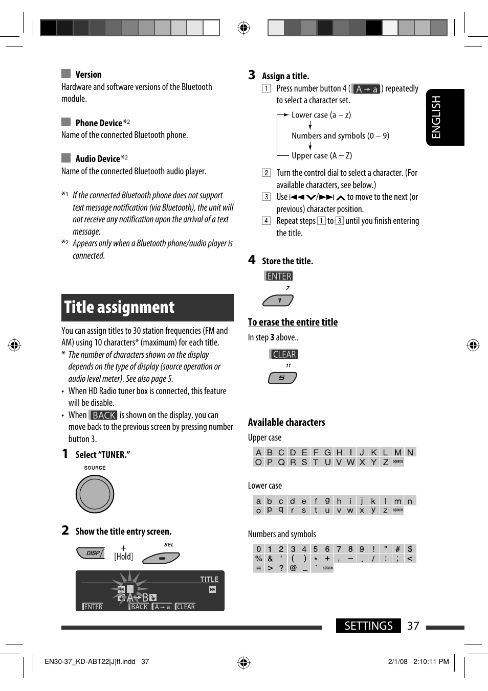 Title assignment, English 37 settings | JVC KD-ABT22 User Manual | Page 37 / 153