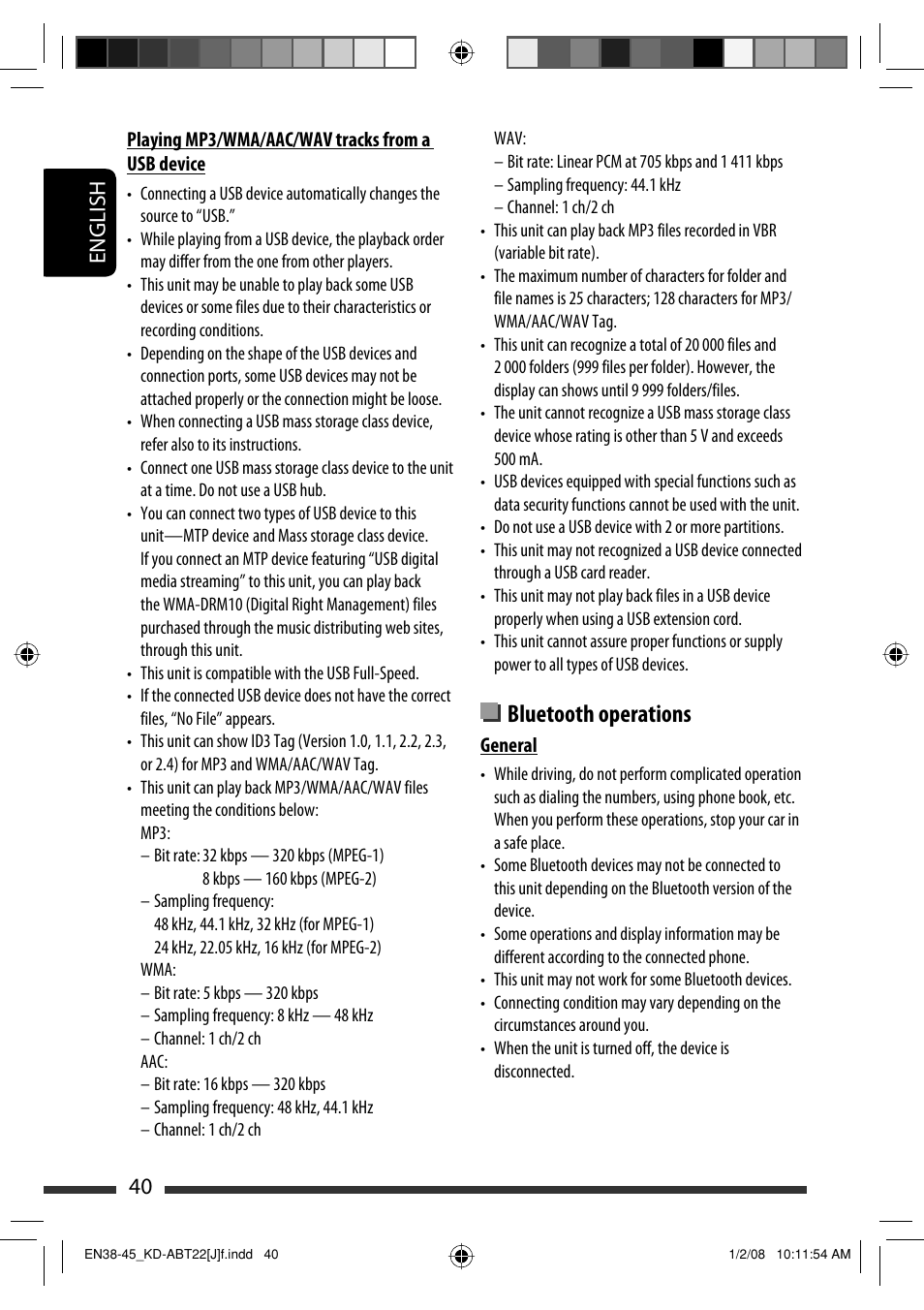 Bluetooth operations, English 40 | JVC KD-ABT22 User Manual | Page 40 / 153