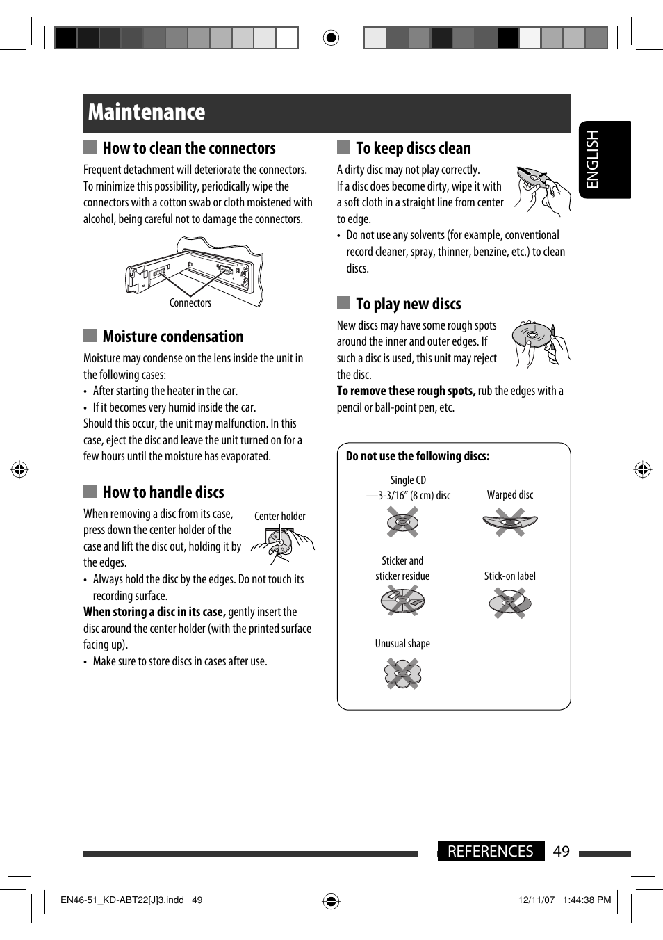 Maintenance, How to clean the connectors, Moisture condensation | How to handle discs, English 49 references | JVC KD-ABT22 User Manual | Page 49 / 153