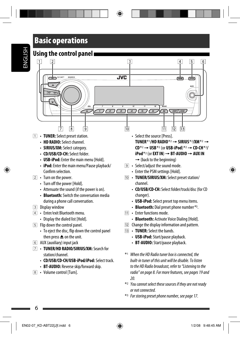 Basic operations, Using the control panel, English 6 | JVC KD-ABT22 User Manual | Page 6 / 153