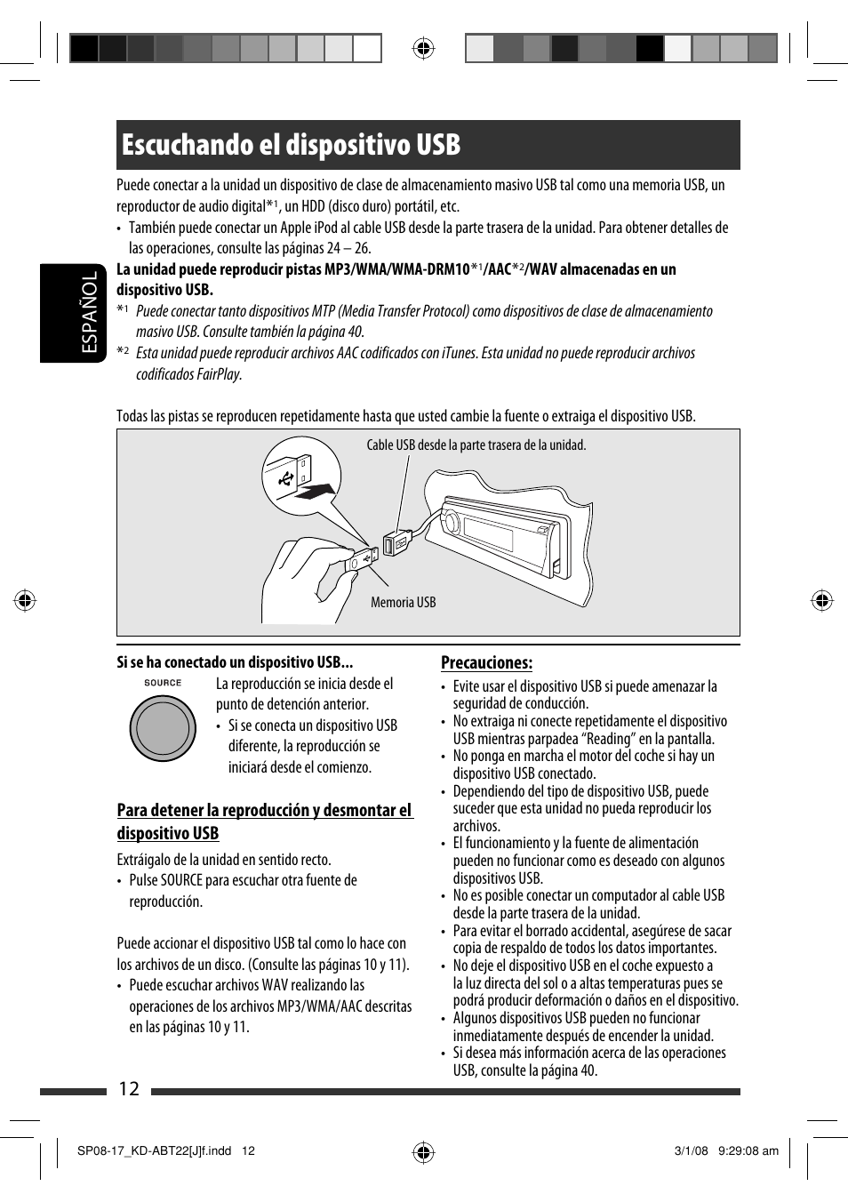 Escuchando el dispositivo usb, Español 12 | JVC KD-ABT22 User Manual | Page 62 / 153