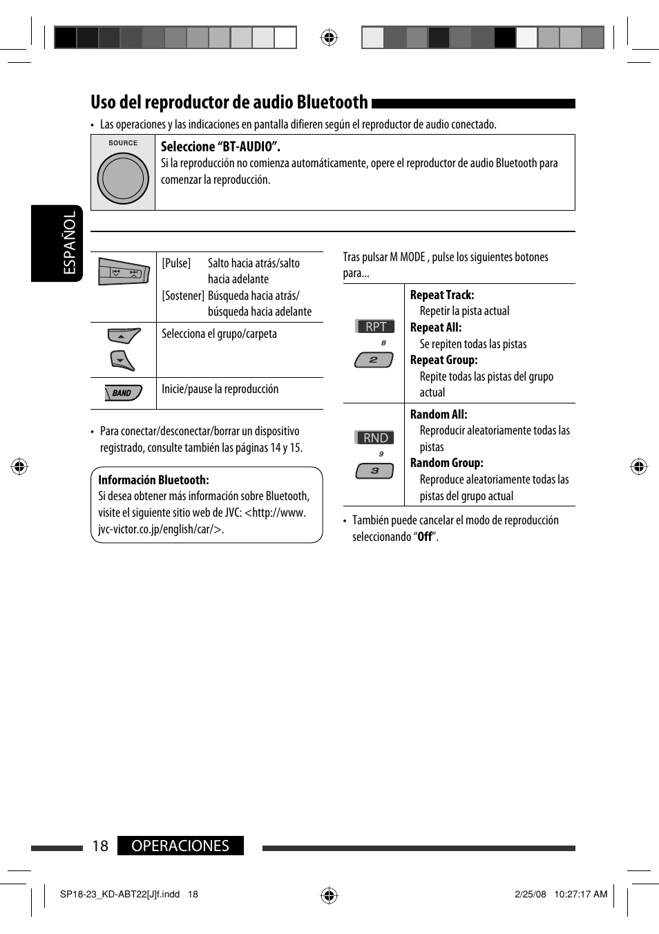 Uso del reproductor de audio bluetooth, Español 18 operaciones | JVC KD-ABT22 User Manual | Page 68 / 153