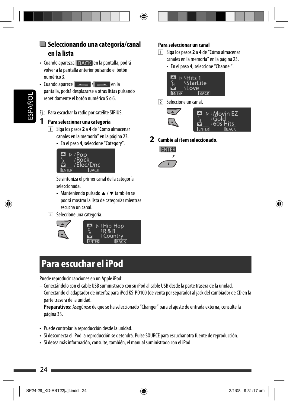 Para escuchar el ipod, Seleccionando una categoría/canal en la lista, Español 24 | JVC KD-ABT22 User Manual | Page 74 / 153