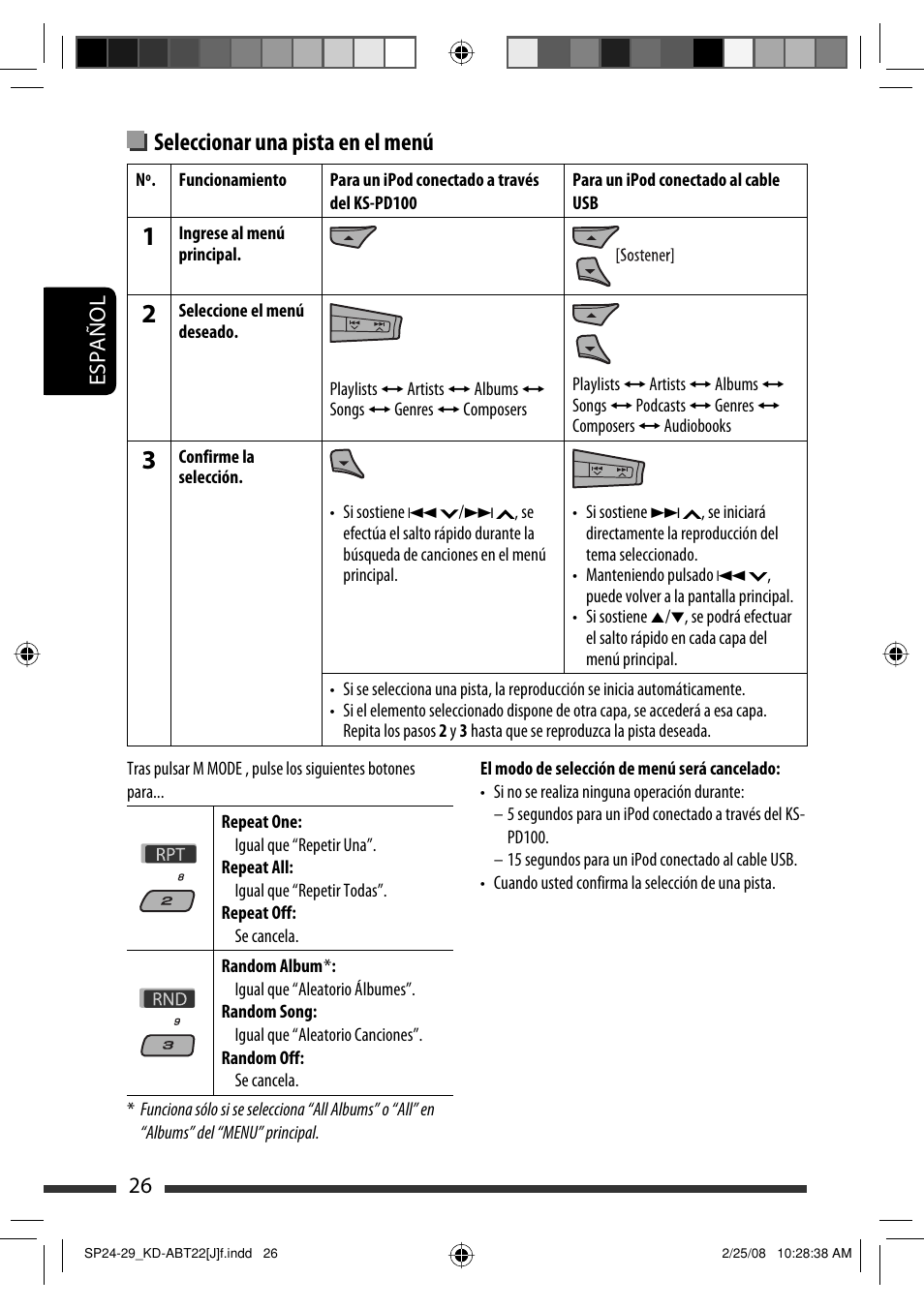 Seleccionar una pista en el menú, Español 26 | JVC KD-ABT22 User Manual | Page 76 / 153