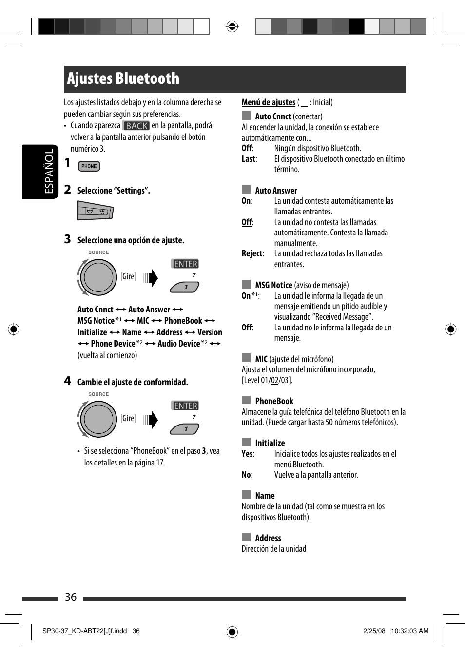 Ajustes bluetooth, Español 36 | JVC KD-ABT22 User Manual | Page 86 / 153