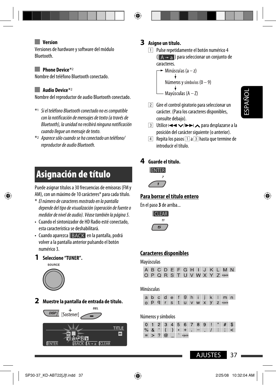 Asignación de título, Español 37 ajustes | JVC KD-ABT22 User Manual | Page 87 / 153
