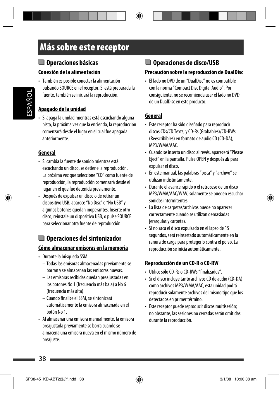 Más sobre este receptor, Operaciones de disco/usb, Operaciones básicas | Operaciones del sintonizador, Español 38 | JVC KD-ABT22 User Manual | Page 88 / 153