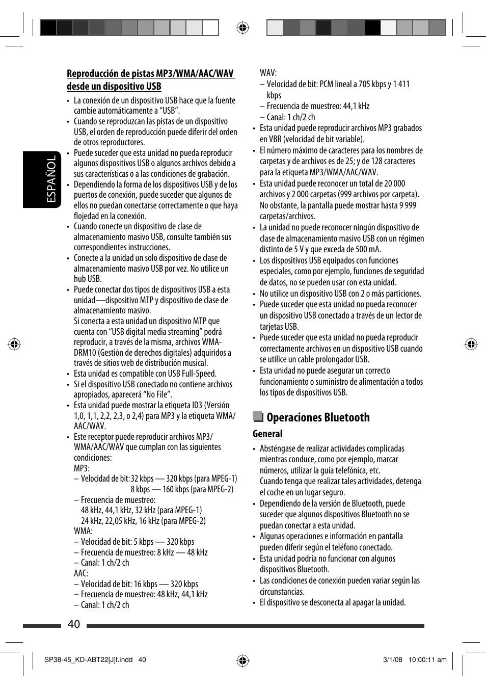 Operaciones bluetooth, Español 40 | JVC KD-ABT22 User Manual | Page 90 / 153