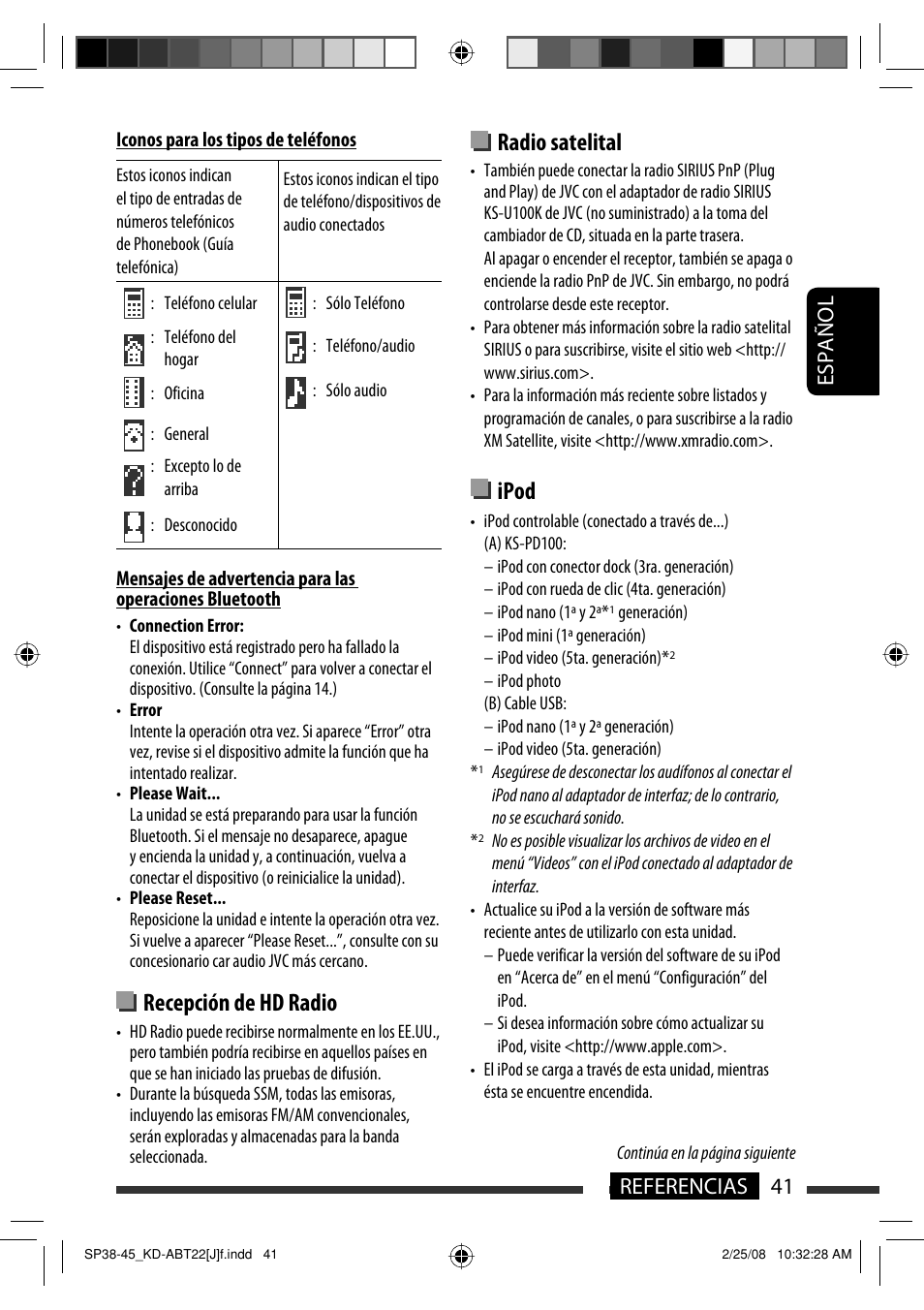 Recepción de hd radio, Radio satelital, Ipod | Español 41 referencias | JVC KD-ABT22 User Manual | Page 91 / 153