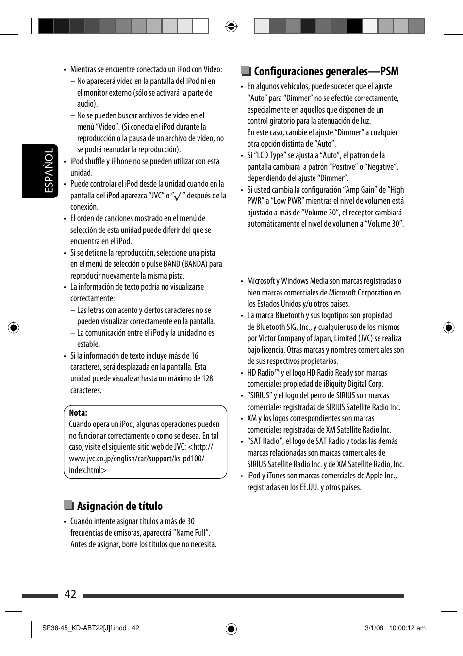 Asignación de título, Configuraciones generales—psm, Español 42 | JVC KD-ABT22 User Manual | Page 92 / 153