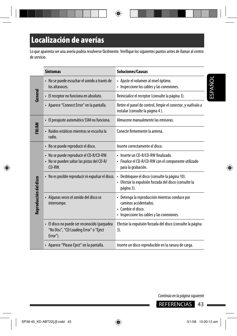 Localización de averías, Español 43 referencias | JVC KD-ABT22 User Manual | Page 93 / 153