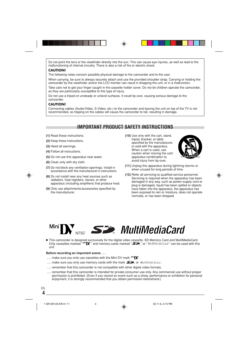 Important product safety instructions | JVC GR-D91 User Manual | Page 4 / 56
