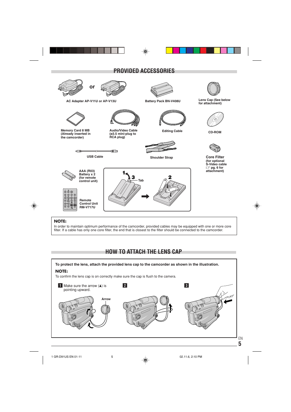 Provided accessories, How to attach the lens cap | JVC GR-D91 User Manual | Page 5 / 56