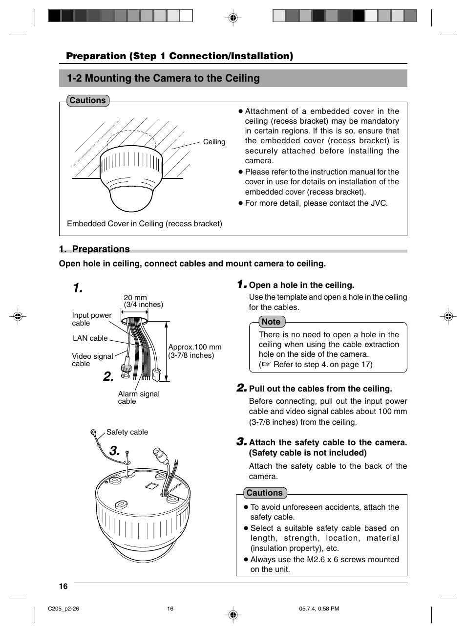 2 mounting the camera to the ceiling, Preparations, Ceiling | Pull out the cables from the ceiling, Attach the safety wire to the camera unit | JVC VN-C205 User Manual | Page 16 / 90