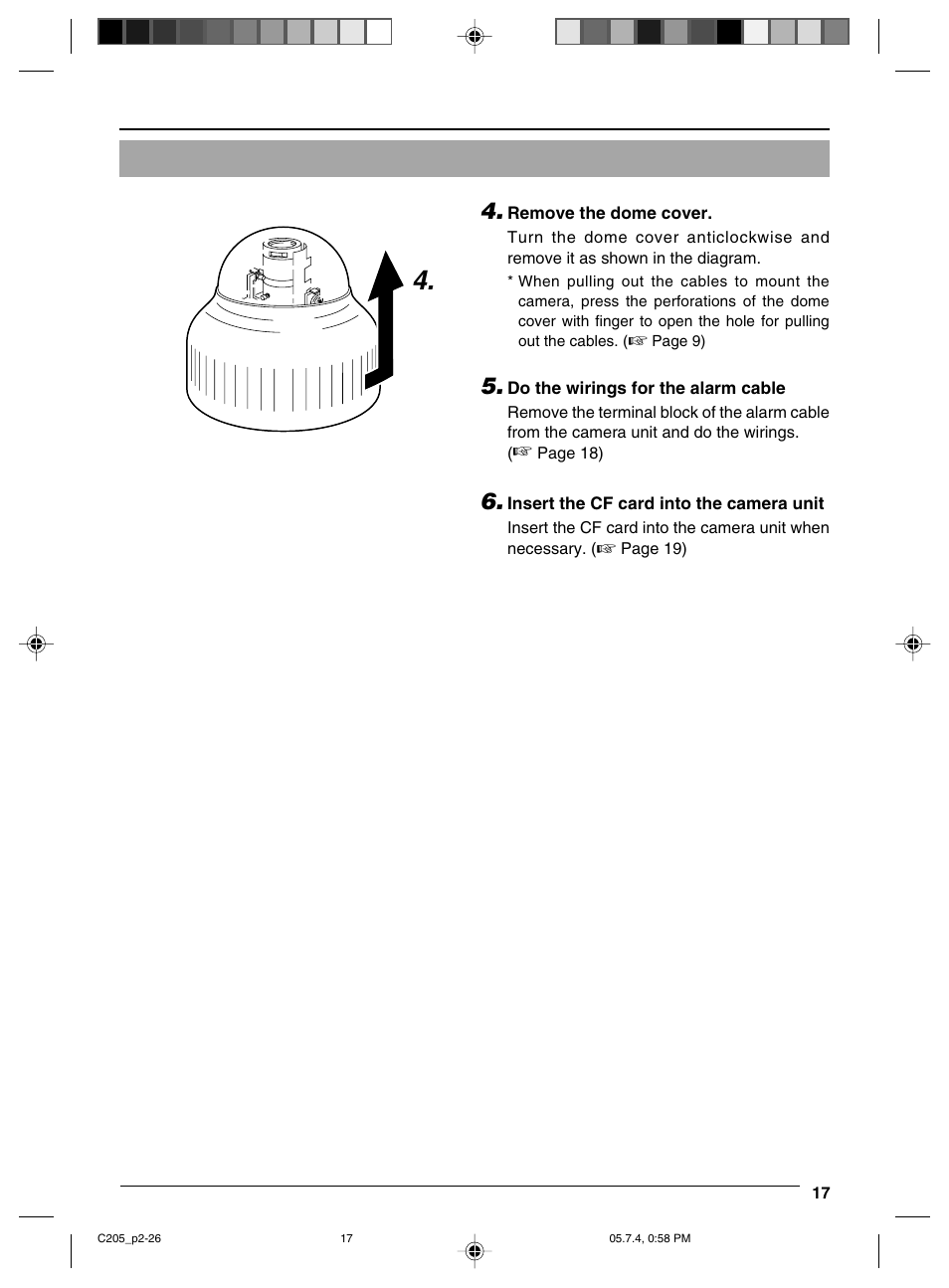 Remove the dome cover, Do the wiring at the end of the alarm cable, Insert the cf card | JVC VN-C205 User Manual | Page 17 / 90