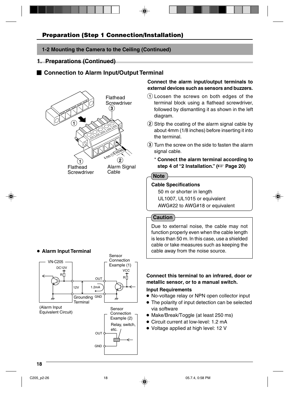 Connection to alarm input/output terminal, Preparation (step 1 connection/installation) | JVC VN-C205 User Manual | Page 18 / 90