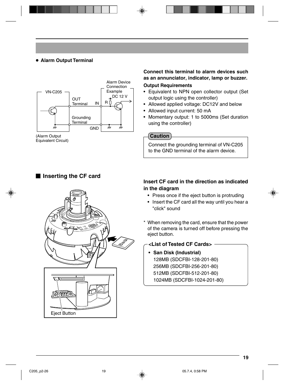 Inserting the cf card | JVC VN-C205 User Manual | Page 19 / 90