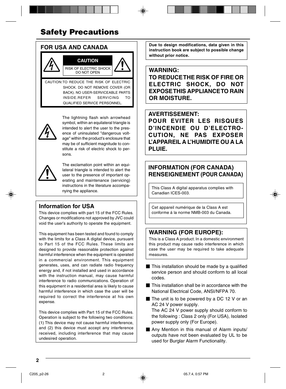 Safety precautions, For usa and canada information for usa, Warning (for europe) | JVC VN-C205 User Manual | Page 2 / 90