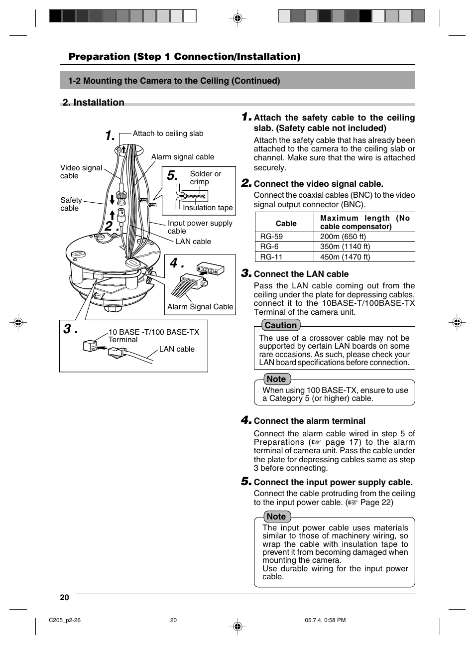 Installation, Connect the input power cable, Connect the video signal cable | Connect the lan cable, Connect the alarm signal cable | JVC VN-C205 User Manual | Page 20 / 90