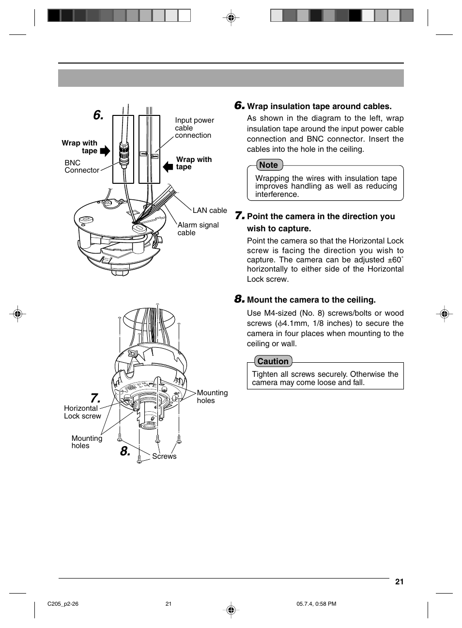 Wind the cables with tape, Face the camera towards the direction for shooting, The ceiling | JVC VN-C205 User Manual | Page 21 / 90