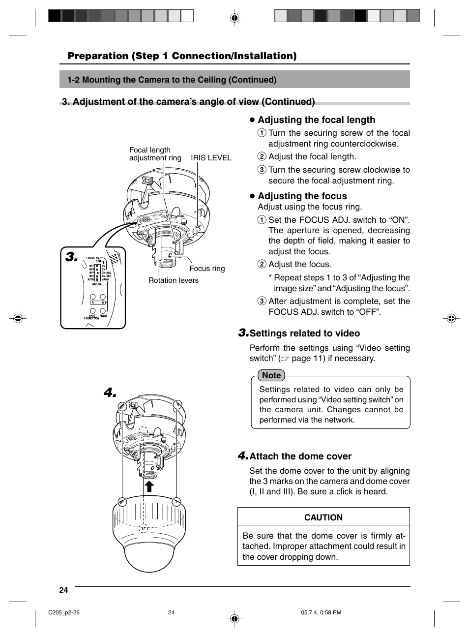 Off), Mount the dome cover | JVC VN-C205 User Manual | Page 24 / 90