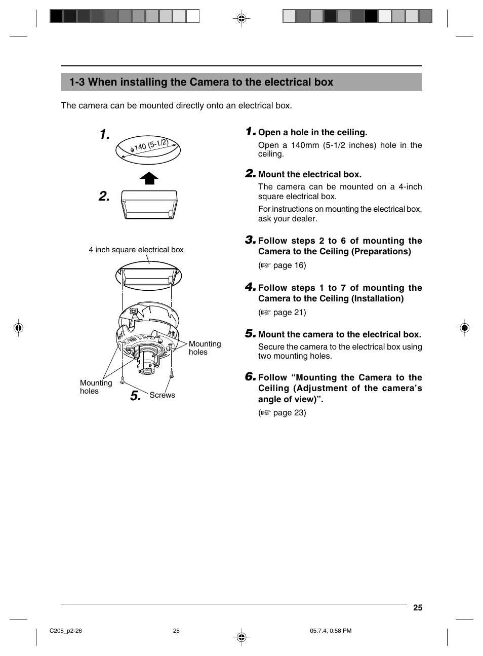 3 when installing the camera to the electrical box, The ceiling, Ceiling | Electric box | JVC VN-C205 User Manual | Page 25 / 90