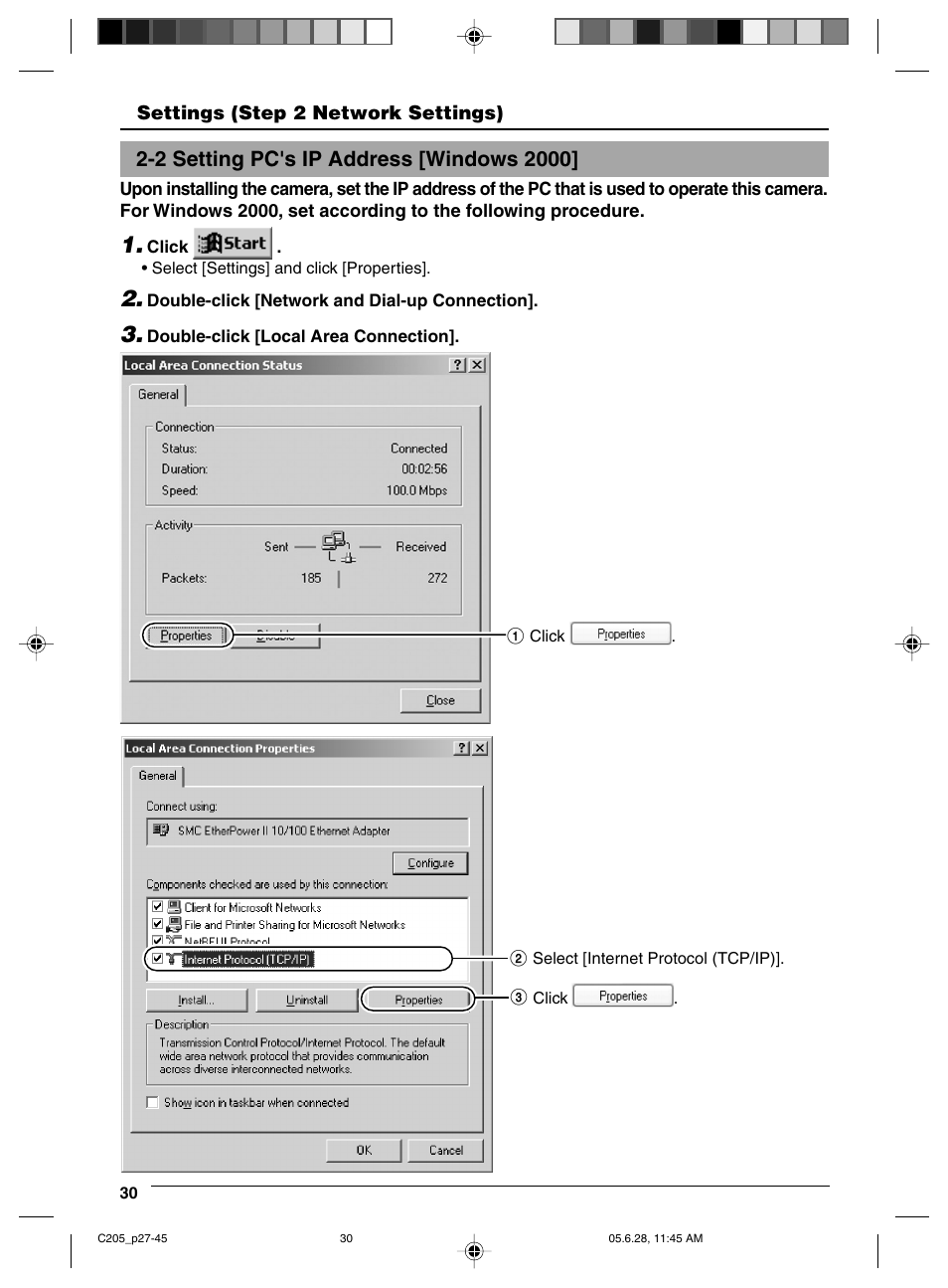 2 setting pc's ip address [windows 2000, Setting pc's ip address [windows 2000 | JVC VN-C205 User Manual | Page 30 / 90