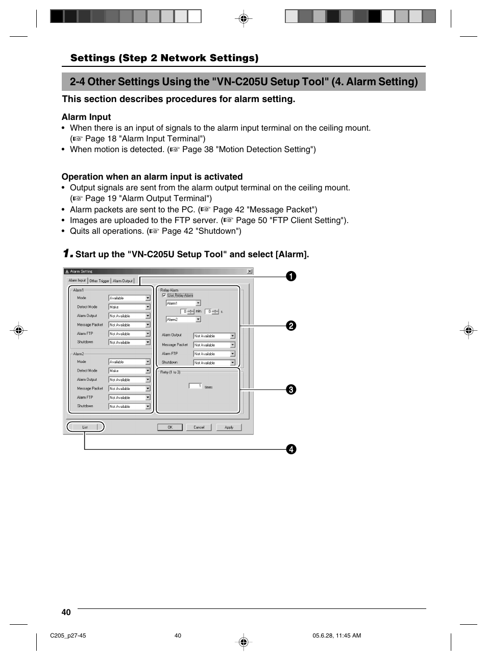 Alarm setting | JVC VN-C205 User Manual | Page 40 / 90