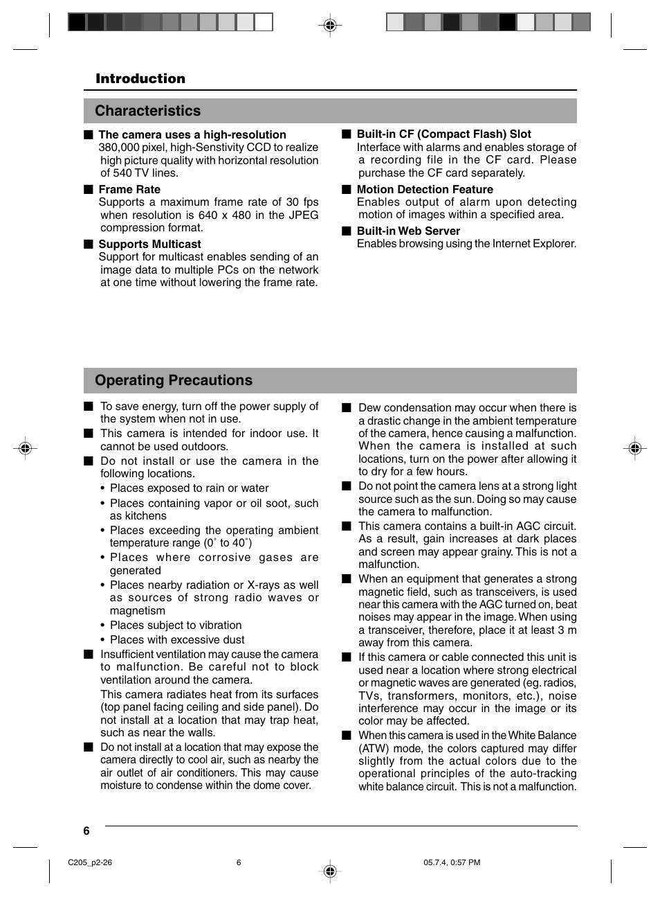 Characteristics, Operating precautions | JVC VN-C205 User Manual | Page 6 / 90