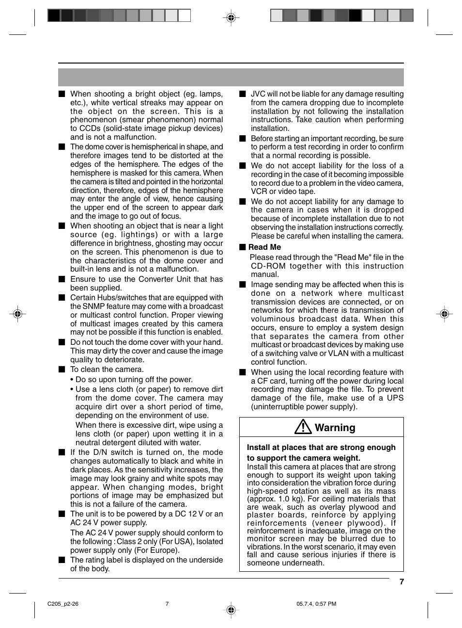 Warning | JVC VN-C205 User Manual | Page 7 / 90